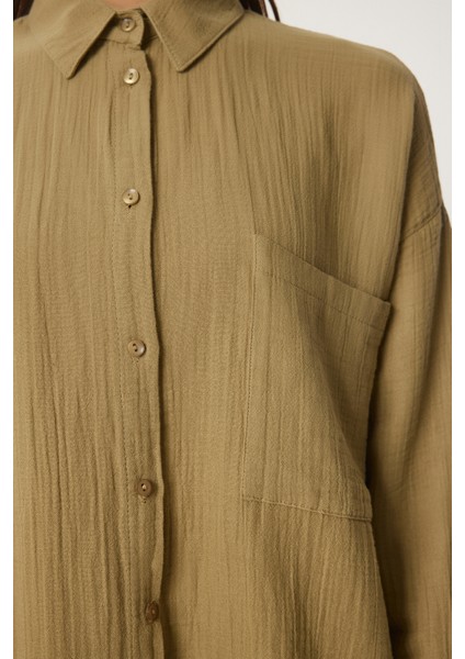 Oversize Basic Müslin Gömlek Yağ Yeşili LMX0002