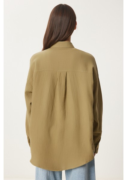 Oversize Basic Müslin Gömlek Yağ Yeşili LMX0002