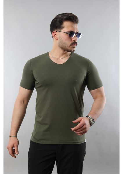 Erkek %100 Pamuk Slim Fit Dar Kesim V Yaka Basic Tişört
