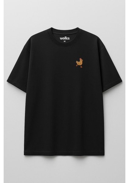 Kaykaylı Horoz Baskılı Unisex %100 Pamuk Oversize Bisiklet Yaka Siyah T-Shirt fiyatları