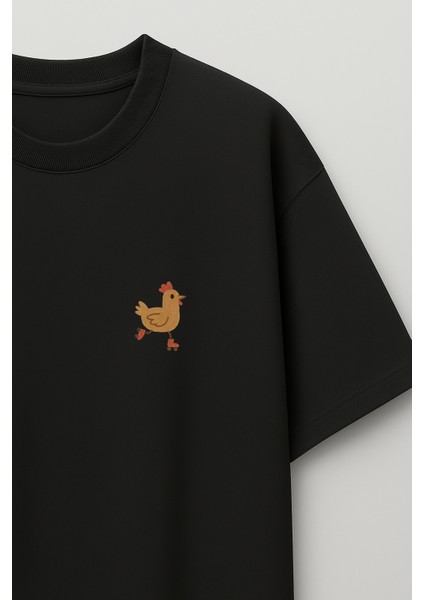 Kaykaylı Horoz Baskılı Unisex %100 Pamuk Oversize Bisiklet Yaka Siyah T-Shirt modelleri