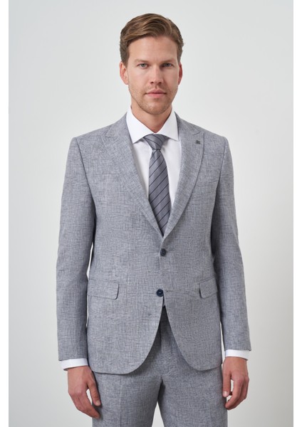 Erkek Mavi Tend Keten Slim Fit Sivri Yaka Takım Elbise
