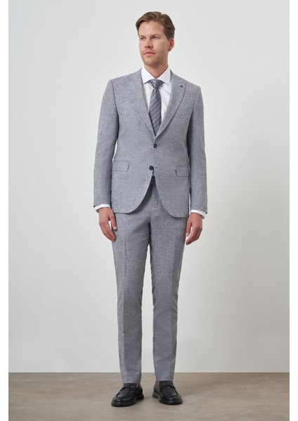 Erkek Mavi Tend Keten Slim Fit Sivri Yaka Takım Elbise