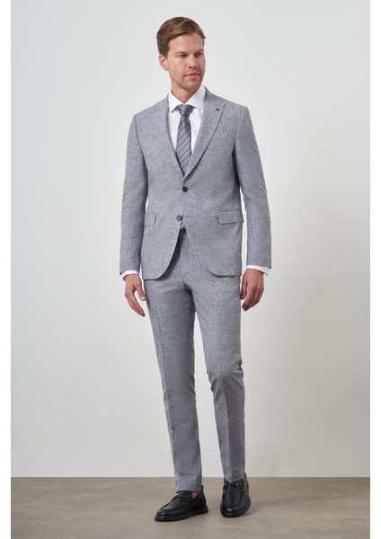 Erkek Mavi Tend Keten Slim Fit Sivri Yaka Takım Elbise