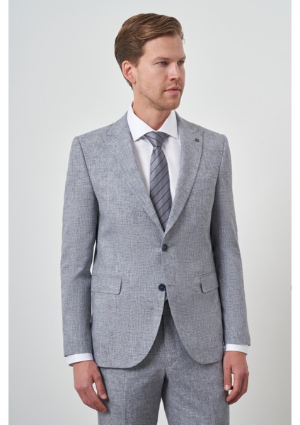 Erkek Mavi Tend Keten Slim Fit Sivri Yaka Takım Elbise