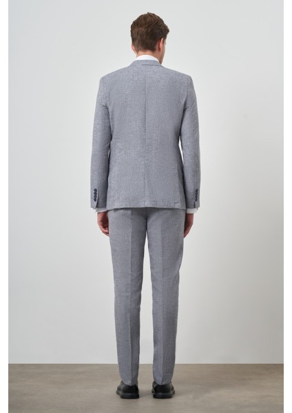 Erkek Mavi Tend Keten Slim Fit Sivri Yaka Takım Elbise
