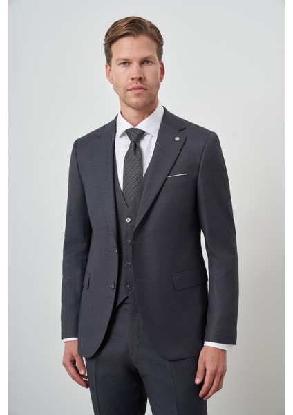 Erkek Füme Poliviskon Slim Fit Yelekli Mono Yaka Takım Elbise