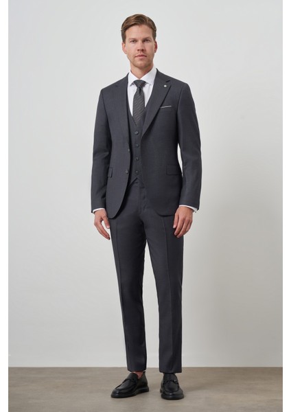 Erkek Füme Poliviskon Slim Fit Yelekli Mono Yaka Takım Elbise
