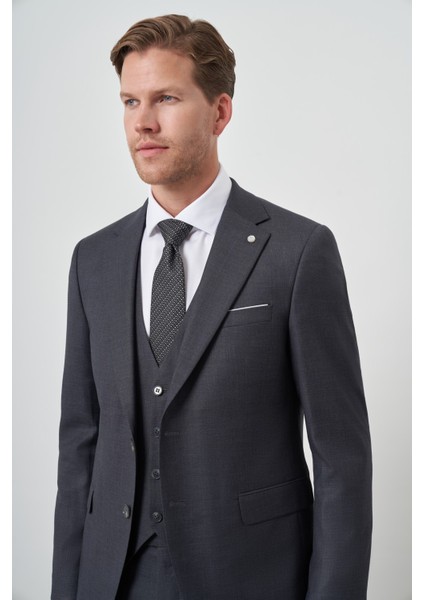 Erkek Füme Poliviskon Slim Fit Yelekli Mono Yaka Takım Elbise