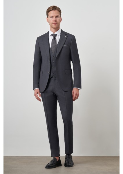 Erkek Füme Poliviskon Slim Fit Yelekli Mono Yaka Takım Elbise