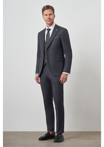 Erkek Füme Poliviskon Slim Fit Yelekli Mono Yaka Takım Elbise