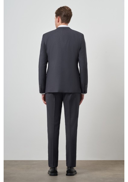 Erkek Füme Poliviskon Slim Fit Yelekli Mono Yaka Takım Elbise
