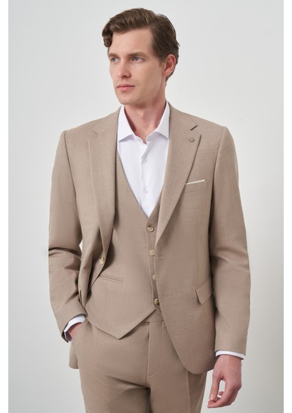 Erkek Bej Yünlü Slim Fit Yelekli Mono Yaka Takım Elbise