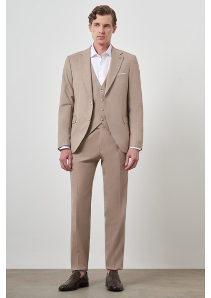 Erkek Bej Yünlü Slim Fit Yelekli Mono Yaka Takım Elbise