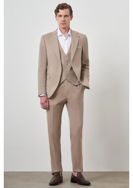 Erkek Bej Yünlü Slim Fit Yelekli Mono Yaka Takım Elbise