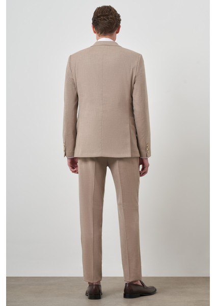 Erkek Bej Yünlü Slim Fit Yelekli Mono Yaka Takım Elbise