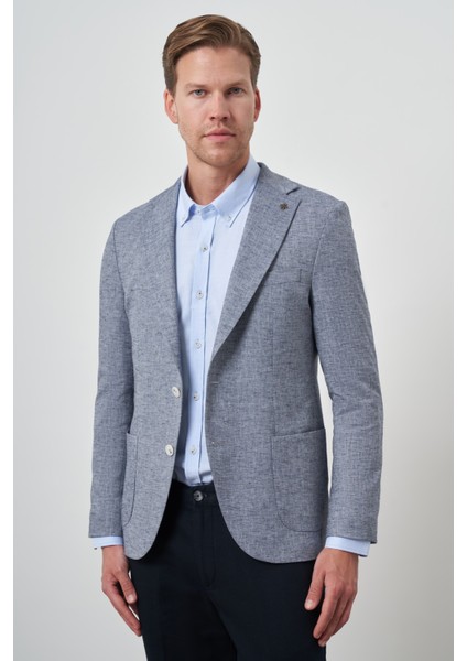 Erkek Lacivert Keten Dokuma Slim Fit Mono Yaka Ceket