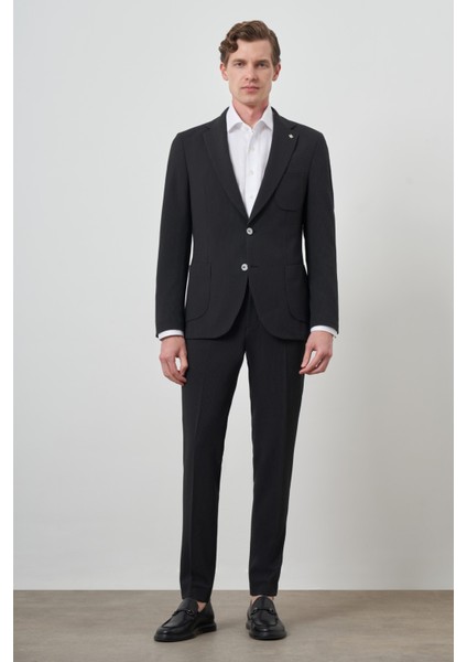 Erkek Siyah Trend Çizgili Slim Fit Mono Yaka Takım Elbise