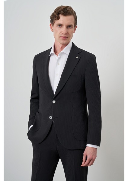 Erkek Siyah Trend Çizgili Slim Fit Mono Yaka Takım Elbise