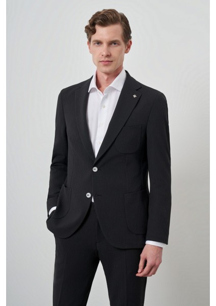 Erkek Siyah Trend Çizgili Slim Fit Mono Yaka Takım Elbise