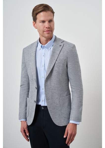 Erkek Lacivert Keten Dokuma Slim Fit Mono Yaka Ceket