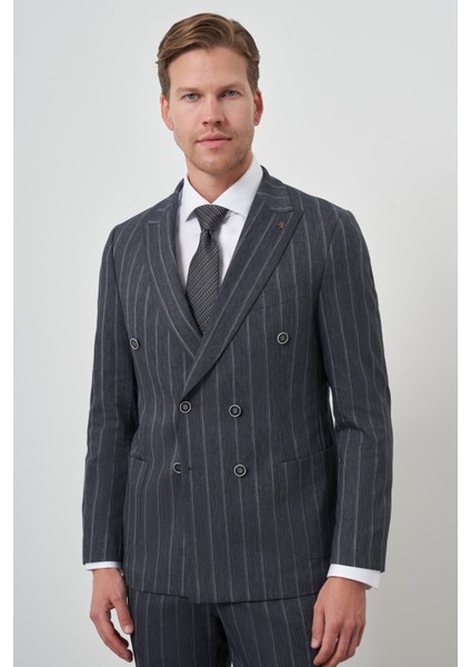 Erkek Lacivert Tend Keten Kruvaze Slim Fit Sivri Yaka Takım Elbise
