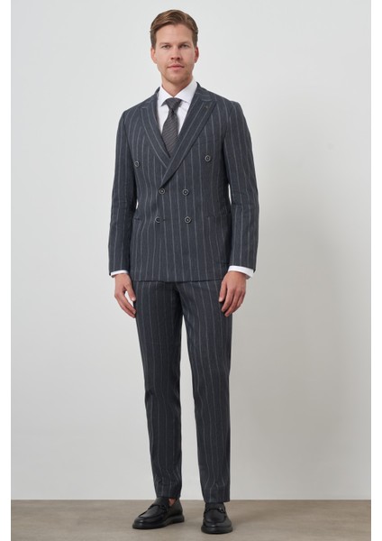 Erkek Lacivert Tend Keten Kruvaze Slim Fit Sivri Yaka Takım Elbise