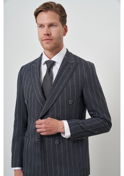 Erkek Lacivert Tend Keten Kruvaze Slim Fit Sivri Yaka Takım Elbise