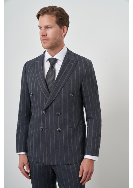 Erkek Lacivert Tend Keten Kruvaze Slim Fit Sivri Yaka Takım Elbise