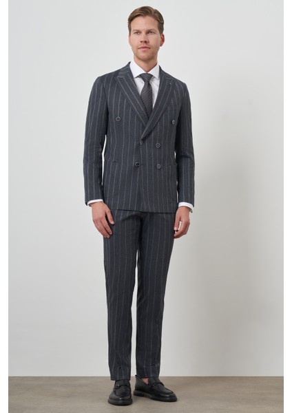 Erkek Lacivert Tend Keten Kruvaze Slim Fit Sivri Yaka Takım Elbise