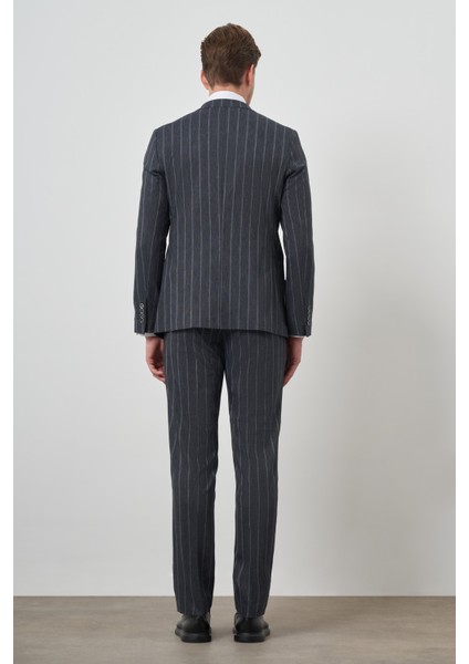 Erkek Lacivert Tend Keten Kruvaze Slim Fit Sivri Yaka Takım Elbise