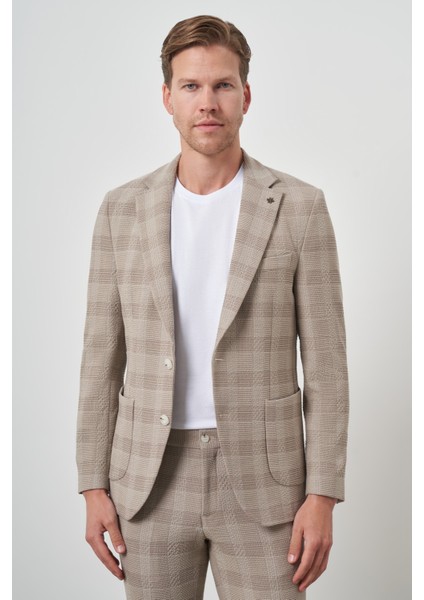 Erkek Bej Trend Slim Fit Mono Yaka Takım Elbise