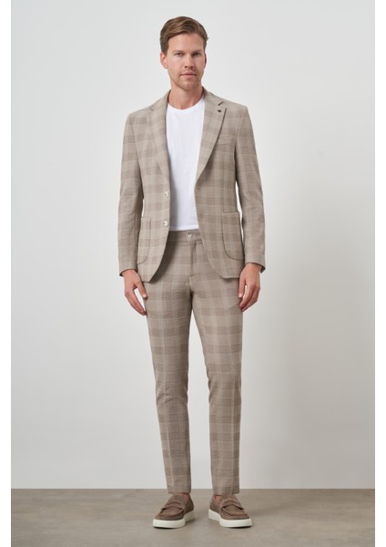 Erkek Bej Trend Slim Fit Mono Yaka Takım Elbise
