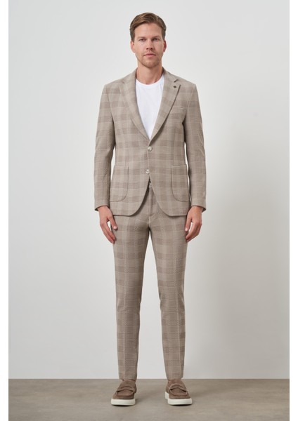 Erkek Bej Trend Slim Fit Mono Yaka Takım Elbise