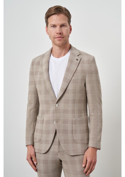 Erkek Bej Trend Slim Fit Mono Yaka Takım Elbise