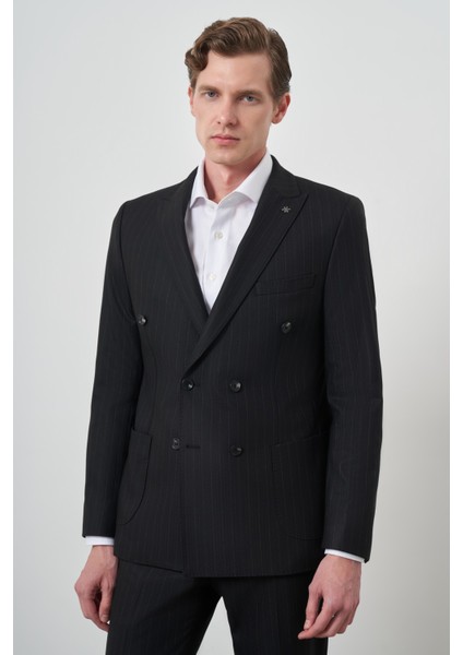 Erkek Siyah Trend Kruvaze Slim Fit Takım Elbise