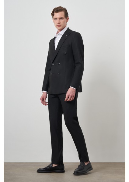 Erkek Siyah Trend Kruvaze Slim Fit Takım Elbise