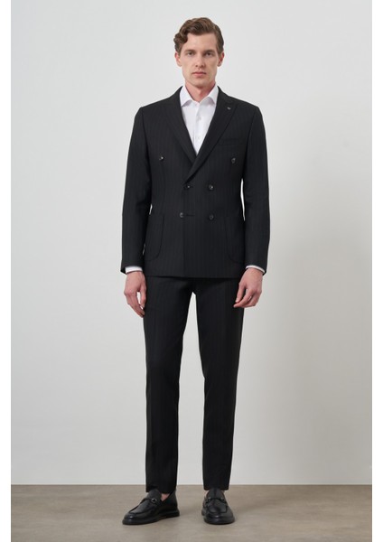 Erkek Siyah Trend Kruvaze Slim Fit Takım Elbise
