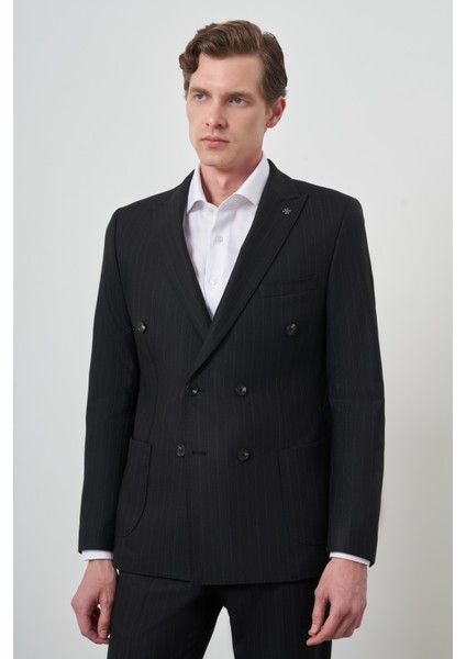 Erkek Siyah Trend Kruvaze Slim Fit Takım Elbise