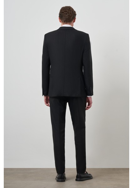Erkek Siyah Trend Kruvaze Slim Fit Takım Elbise