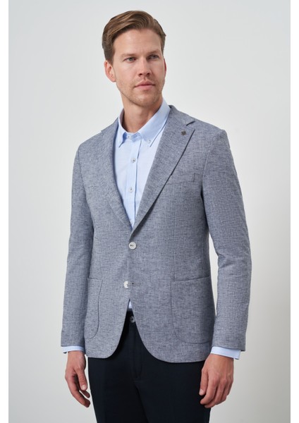 Erkek Lacivert Keten Dokuma Slim Fit Mono Yaka Ceket modelleri