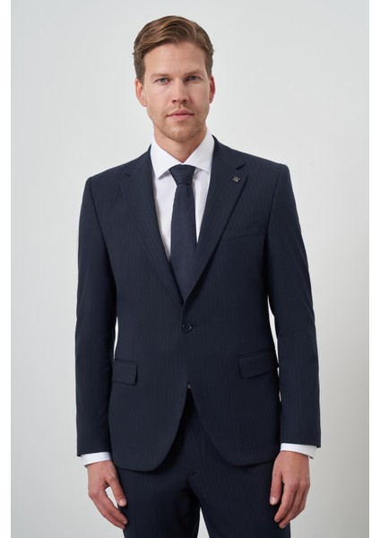 Erkek Lacivert Poliviskon Çizgili Slim Fit Mono Yaka Takım Elbise