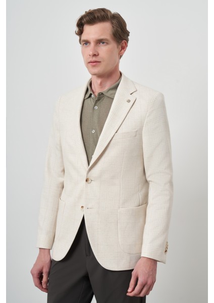 Erkek Bej Keten Trend Slim Fit Mono Yaka Ceket