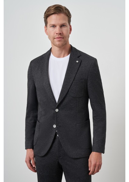 Erkek Siyah Trend Slim Fit Yandan Lastikli Mono Yaka Takım Elbise