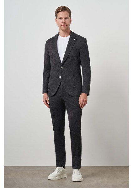 Erkek Siyah Trend Slim Fit Yandan Lastikli Mono Yaka Takım Elbise