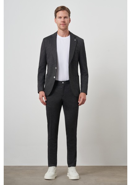 Erkek Siyah Trend Slim Fit Yandan Lastikli Mono Yaka Takım Elbise