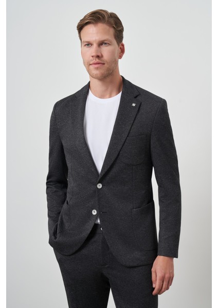Erkek Siyah Trend Slim Fit Yandan Lastikli Mono Yaka Takım Elbise