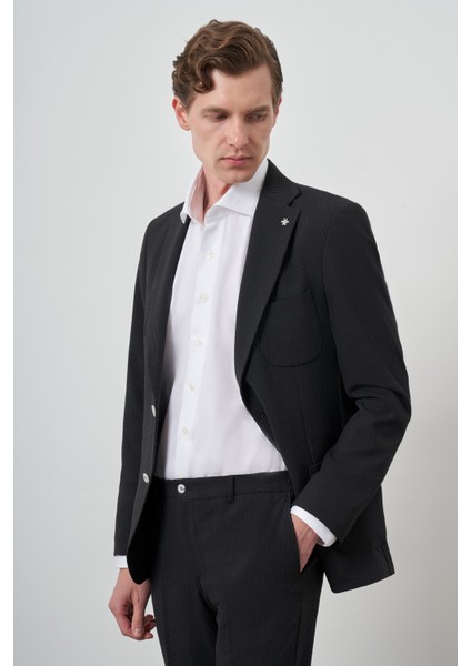 Erkek Siyah Trend Çizgili Slim Fit Mono Yaka Takım Elbise