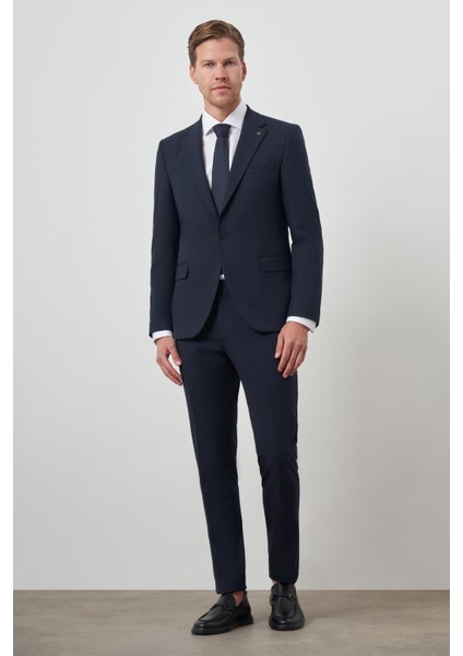 Erkek Lacivert Poliviskon Çizgili Slim Fit Mono Yaka Takım Elbise