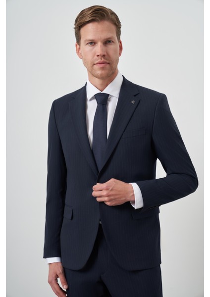 Erkek Lacivert Poliviskon Çizgili Slim Fit Mono Yaka Takım Elbise